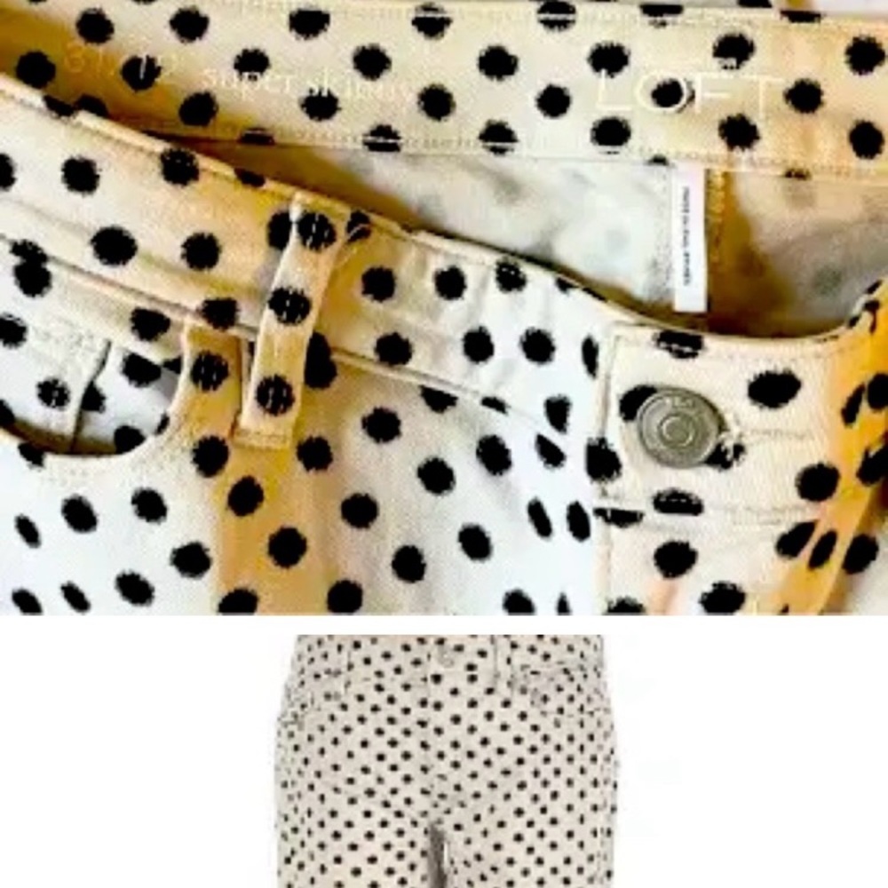 LOFT. Ivory jeans with black polka dots.